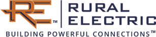 Logo for Rural Electric, featuring stylized "RE" initials on the left and the company name "Rural Electric" in block letters on the right.