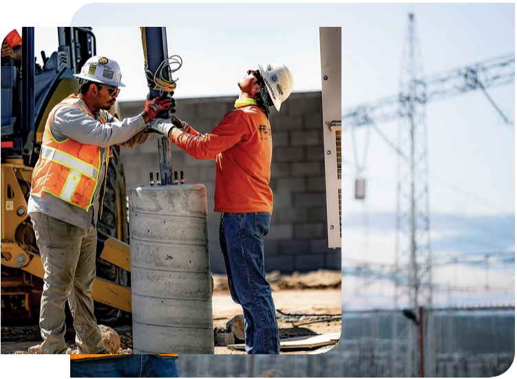 Two construction workers in safety gear operate heavy machinery to install a concrete cylinder at an outdoor worksite, highlighting the skills essential for electrical careers in Arizona with power lines visible in the background.