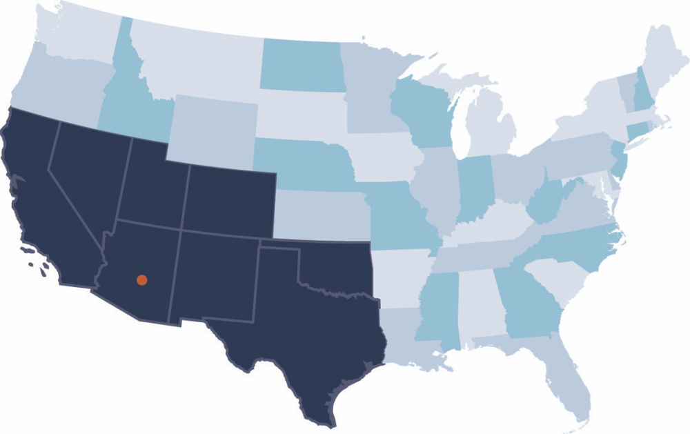 A map of the United States highlights southwestern states in dark blue, with an orange dot marking central Arizona—spotlighting opportunities for electrical careers in Arizona.
