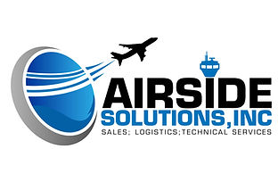 Logo for Airside Solutions, Inc. featuring a stylized blue globe, airplane, airport control tower, and text stating sales, logistics, technical services, and products for rural electric industries.